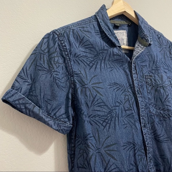 Buffalo David Bitton Shirt Button Down Collared Cotton Palm Chambray Print Men S - Picture 8 of 13